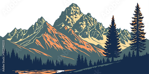 Grand Teton mountain alpine silhouette retro