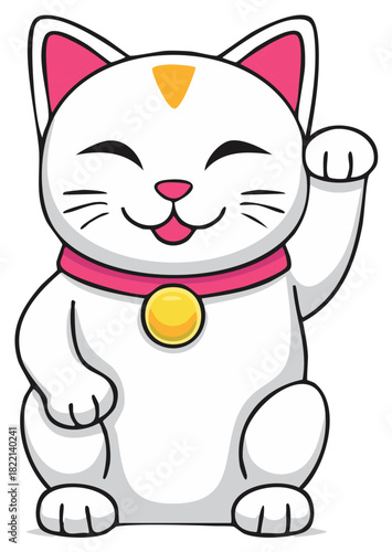 Cute Japanese Maneki neko lucky cat cartoon vector illustration of good fortune