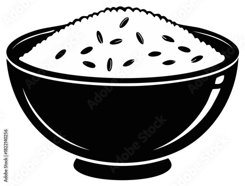 Black and White Bowl of Rice. Cooked Food Illustration.