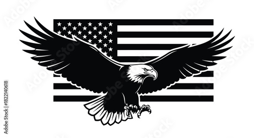An American bald eagle soars in front of the United States flag.