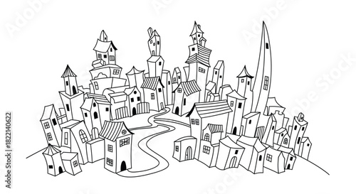 A whimsical, hand-drawn city with winding roads and unique buildings is depicted in black and white.