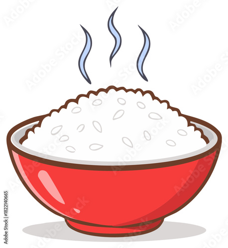 Steaming bowl of cooked rice served hot in a red bowl with heat waves rising up, simple cartoon food illustration