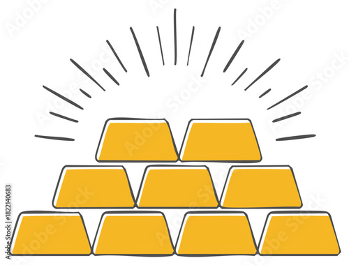 Simple hand drawn illustration of a shining stack of gold bars or ingots