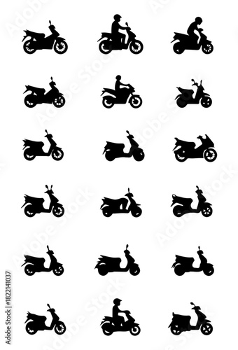 Black Scooter Silhouette Vector Graphics with Riders: Moped Illustrations, Motor Scooter Cutouts, & Urban Commuter Vehicle Design Clipart for Print