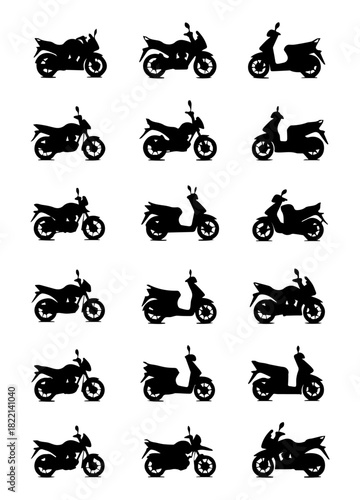 Premium Black Motorcycle & Scooter Silhouette Vector Graphics Diverse Motorbike Illustrations, Moped Cutouts, & Vehicle Design Clipart Collection.