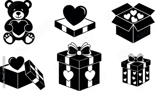 Teddy bear with heart gift box present love valentines day romantic vector illustration