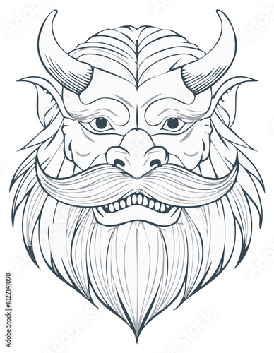 Mythological Horned Beast Head with Elaborate Beard and Mustache Line Art Illustration