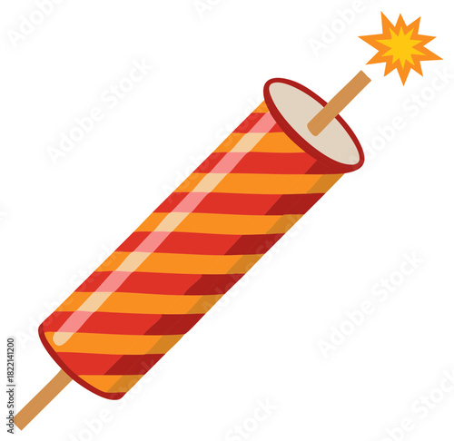 Vibrant striped firework rocket with a lit fuse sparking an illustration for celebration events