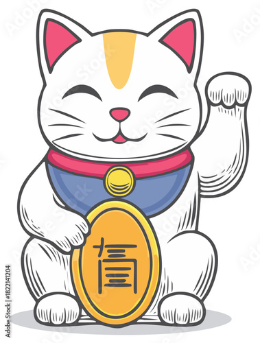 Cute Maneki Neko Japanese lucky cat illustration with a gold coin for wealth and fortune