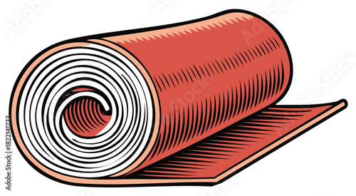 Rolled up red exercise mat with white inner layers in a graphic illustration