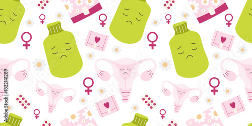 
Menstrual cycle seamless pattern — cute vector repeat design with uterus icon, hot water bottle, pills, period pouch, flowers and female symbol. Soft pastel colors, feminine flat style. 