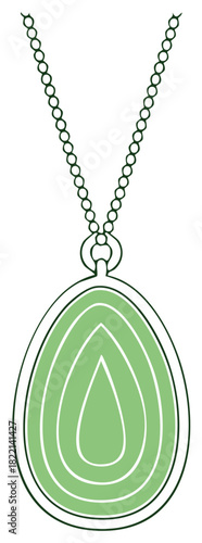 Simple green pendant on a bead chain with teardrop shape in geometric retro design