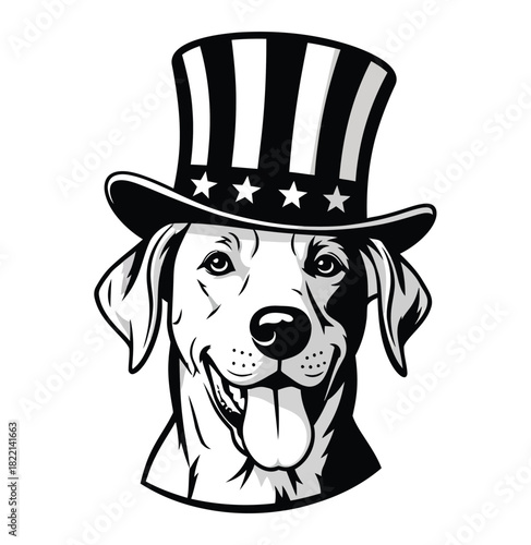 A dog wearing a patriotic Uncle Sam hat smiles with its tongue out.