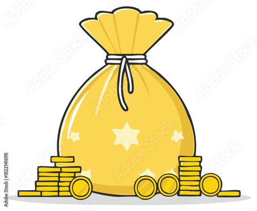Golden Bag of Money with Star Pattern and Gold Coins around, Savings and Investment Concept