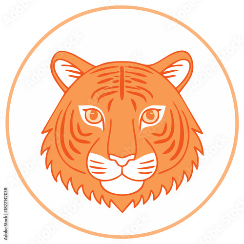 Graphic orange tiger head illustration with bold stripes in a modern circular design