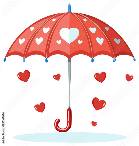 Red umbrella with white hearts protecting from falling red heart shapes