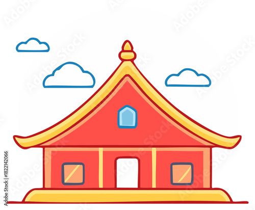 Vibrant red traditional Asian style building with yellow curved roof and simple blue clouds cartoon illustration