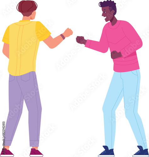 Friends greeting gesture. Young men bump fists