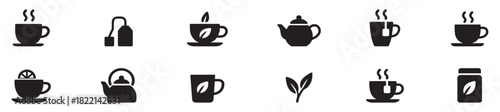 Tea icons vector set. Cup, leaf, packaging, tea bag, glasses, certificate, teapot, cup, icons.Vector illustration