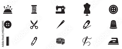 Sewing icons collection. icon set of sewing and tailoring training: needle, thread spool, scissors, other. Vector Illustration. EPS 10