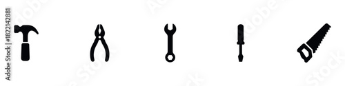 Construction tool icon collection. Instrument icons set. Carpentry work tools sign. Repair and building equipment symbol. Black silhouette. Vector illustration. EPS 10