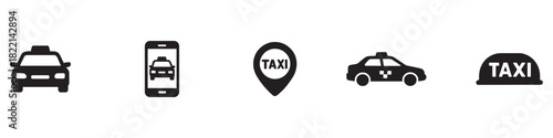 Taxi icon set. Taxi service icon set. Taxi car map pin mark. Black signs of taxi stop place. Vector Illustration. ESP 10	
