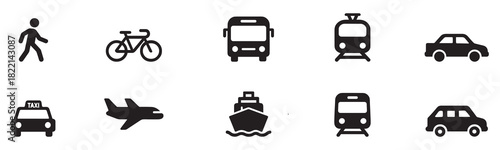 Transport icons set. Auto, bus, train, ship, plane and on foot. Public, travel and delivery transport icons.	
