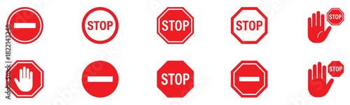 Stop icon set. Stop sign. Stop symbol with hand. Red stop sign icon set. Do not enter. Danger. Traffic signs. Vector illustration. EPS 10
