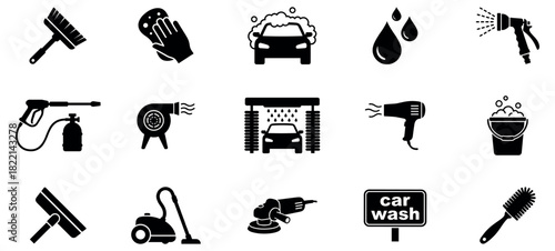 Car wash icons set. Auto car detailer icon. Washing, drying, polishing car parts. Automatic and self-service washing. Vector illustration. EPS 10	
