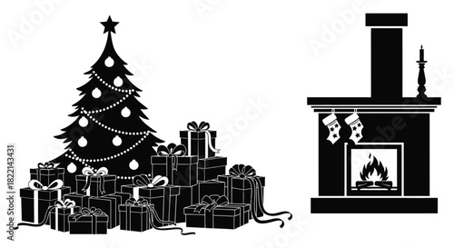 A festive Christmas tree overflows with presents next to a cozy fireplace with stockings.