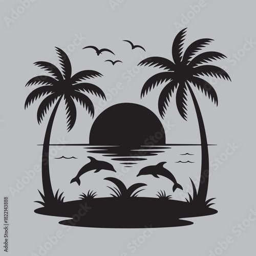 Tropical sunset silhouette with palm trees and jumping dolphins Vector