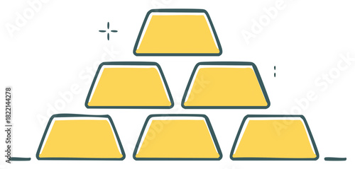 Stacked golden bars illustration with sparkling elements in a clean and simple artistic style