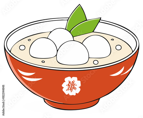 Traditional Asian dessert soup with sweet dumplings and green leaves in a decorative bowl