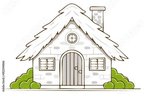 Cozy Cartoon House with Thatched Roof, Stone Chimney and Green Bushes Around, Digital Art Style