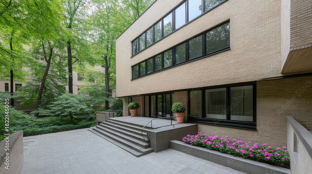 Obraz premium A contemporary home features a stone terrace adorned with flower pots, large black-framed windows, and garden views under a clear blue sky, creating a serene outdoor space