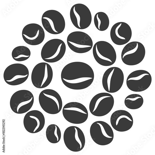 Stylized graphic illustration of coffee beans arranged in an appealing circular pattern design