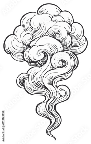 Hand drawn decorative smoke cloud illustration in a vintage tattoo or woodcut line art style