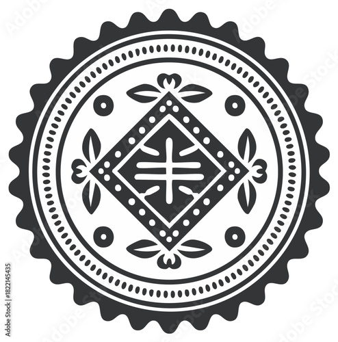 Ornate black circular medallion with a geometric diamond symbol and symmetrical folk art floral patterns