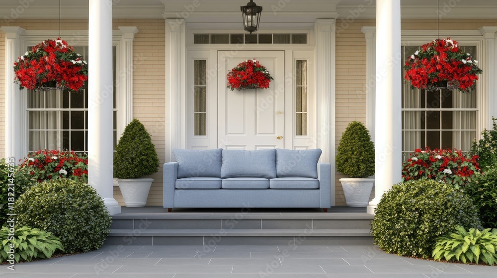 Obraz premium A soothing front porch design showcases a light blue sofa, white door adorned with a floral garland, and elegant marble columns in a serene atmosphere