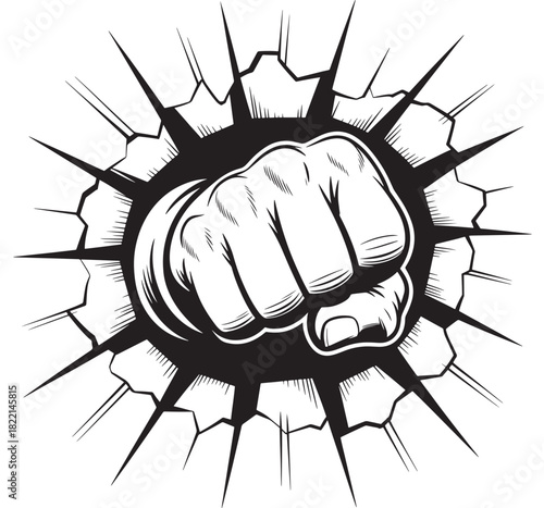 Fist punching through a wall vector illustration of power and strength isolated on white background