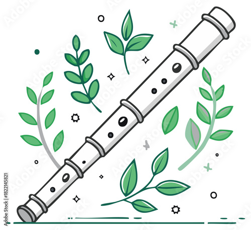 Cartoon white recorder musical instrument with green leaves and sparkles surrounded by dots
