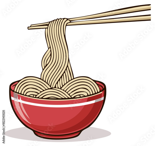 Delicious Asian style noodles lifted by wooden chopsticks from a vibrant red bowl ready to eat