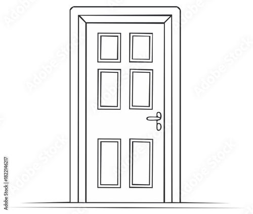 Minimalist line art illustration of a closed interior door with panels and handle