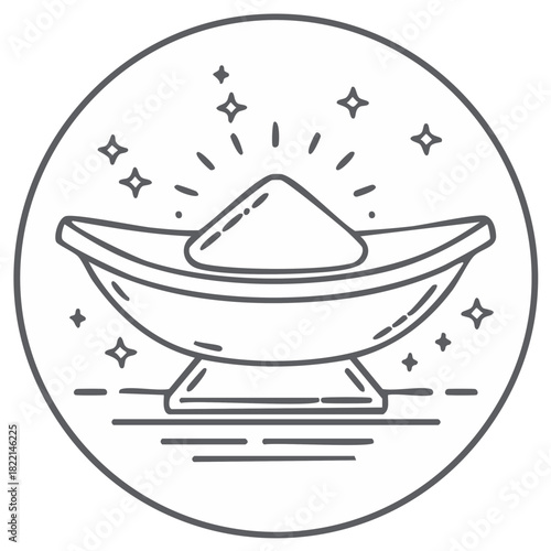 Outlined Chinese Ingot Symbol on Water with Stars, Traditional Wealth Concept in Round Frame