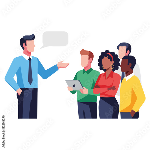 Team meeting with diverse colleagues for effective communication, group discussion on new business ideas, employees standing in circle.