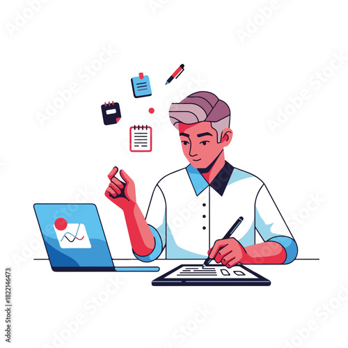 Illustration of designer with graphics tablet at his working place with graphics tablet, laptop and floating notes, calendar and pen around.
