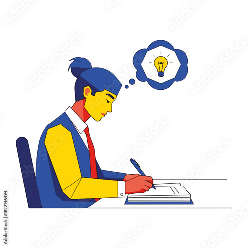Woman Writing in Notebook with an idea, thoughtful woman taking notes in her notebook. Conceptual woman writes in notebook with lightbulb, she is studying or planning,