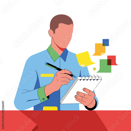 Business man writing notes in spiral notepad, filling up tasks. Business man is taking notes to make sure every goal is marked complete, finishing up important goals.
