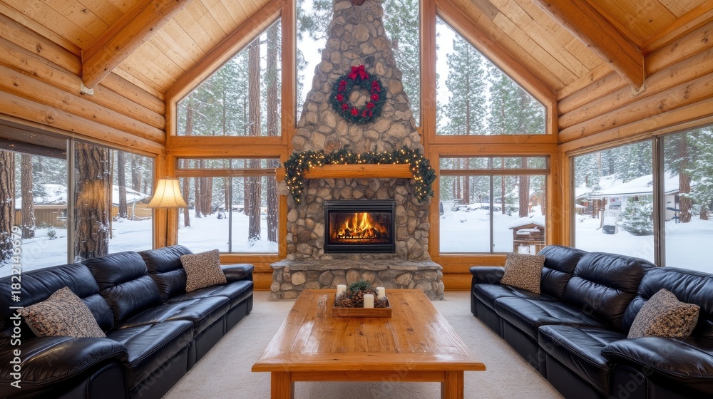 Naklejka premium Warm and inviting, the cabin's living room features black leather couches, a wooden table, and a large stone fireplace, complemented by festive decorations and a snowy landscape outside