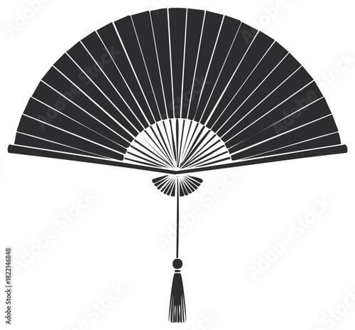 Monochrome Hand Fan with Tassel Illustration for Asian Culture or Summer Heat Relief